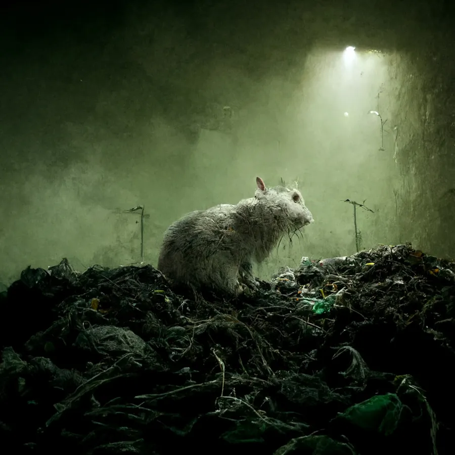 Gros rat blanc sur un tas d'ordures