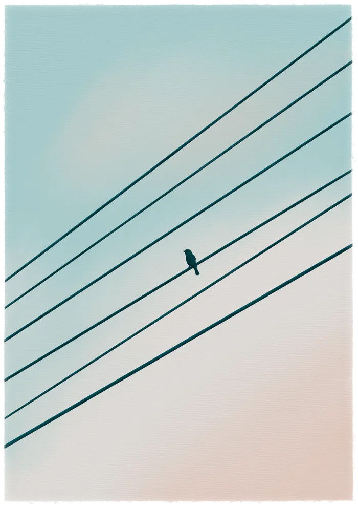Peinture d'un oiseau posé sur un fil électrique