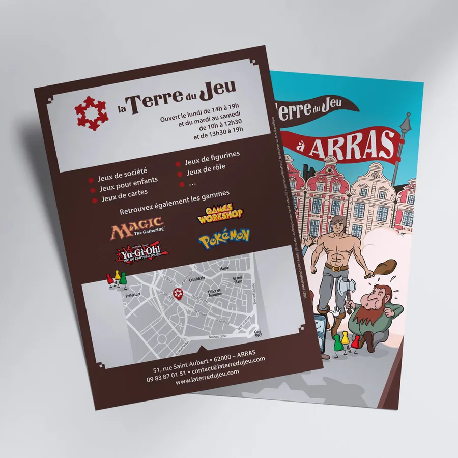 Verso du flyer pour le magasin de jeux de société La Terre du Jeu